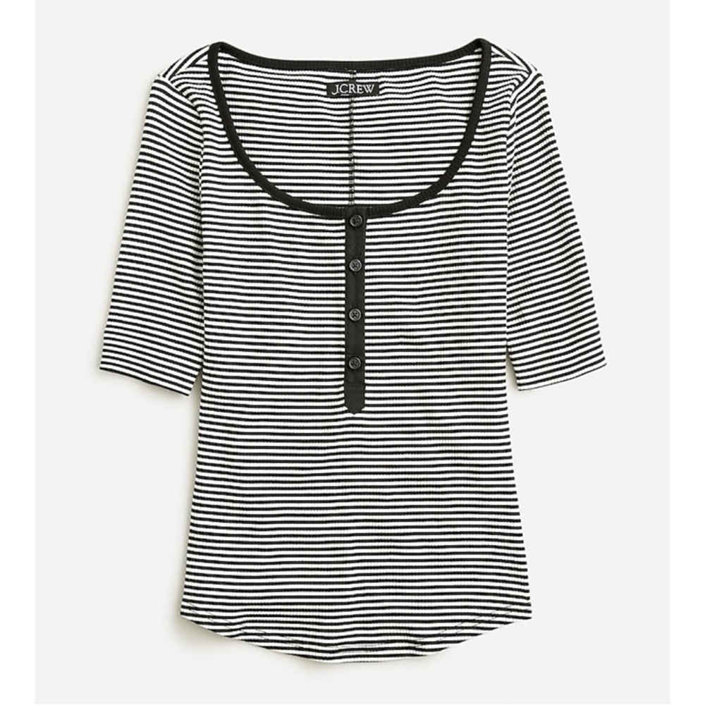J. Crew Women's Vintage Rib Henley T-Shirt Scoop Neck in Stripe Black White M